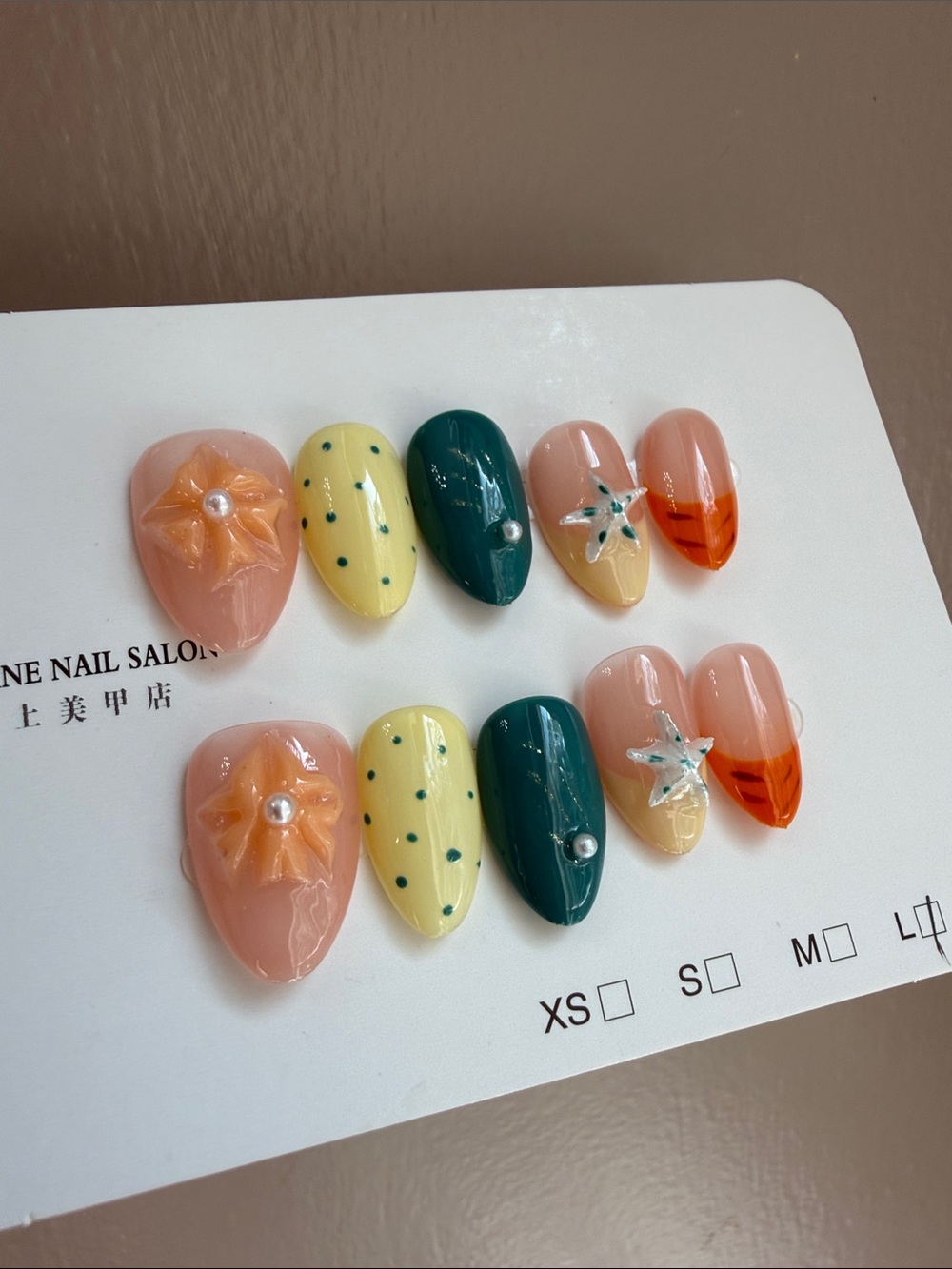 3D Summer Starfish Press-On Nails — Teal, Peach, Yellow, Orange short almond